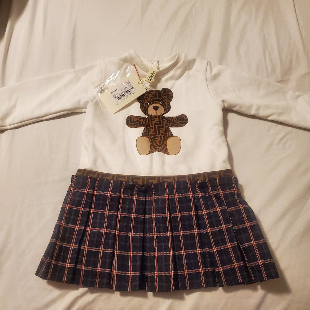 Fendi Kids Teddy Bear Printed Long Sleeved Dress